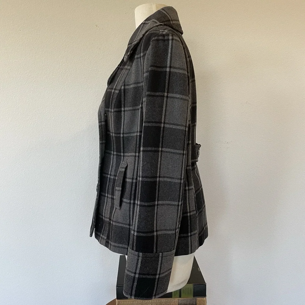 OLD NAVY Women's Gray Black Plaid Double Breasted Peacoat Jacket Medium Wool Bld